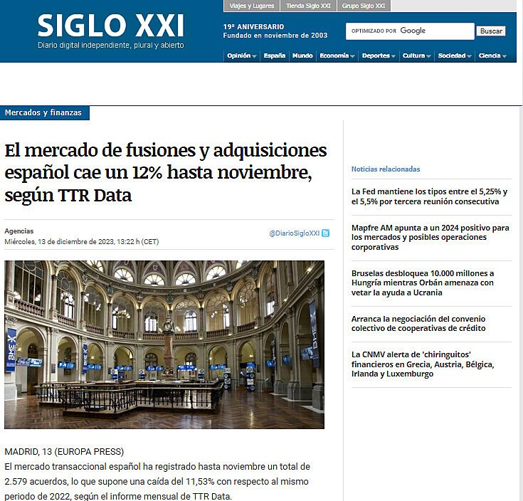 El mercado de fusiones y adquisiciones espaol cae un 12% hasta noviembre, segn TTR Data